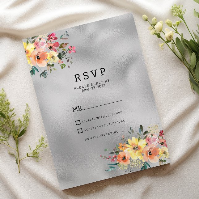 Invitation Thème floral argent rose orange menthe RSVP  (Silver pink orange mint floral theme RSVP )