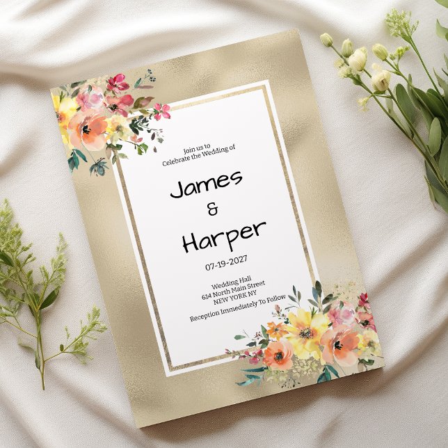 Invitation Thème floral élégant or rose orange Mariage (Elegant gold pink orange floral theme Wedding)