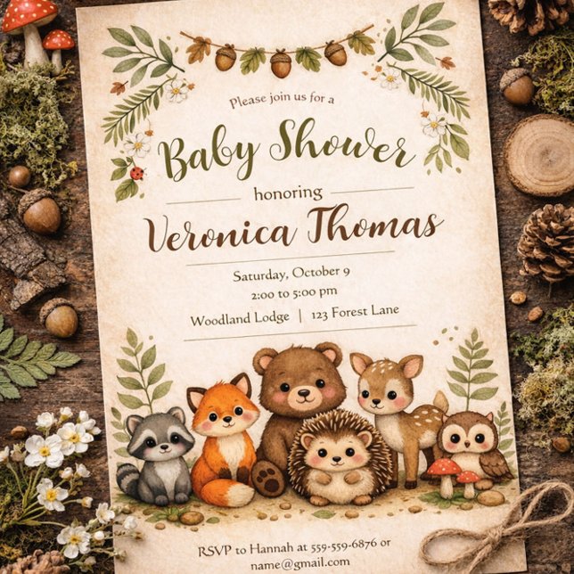 Invitation Thème forestier Animaux de forêt adorables Baby Sh (Créateur téléchargé)
