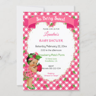 Invitation Thème fraise Baby Girl En vichy rose vert