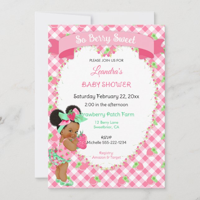 Invitation Thème Fraise Bébé Fille Gingham Rose Menthe (Devant)