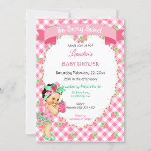 Invitation Thème Fraise Bébé Fille Gingham Rose Menthe