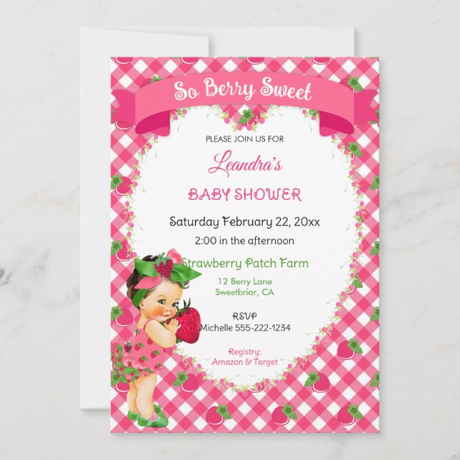 Invitation Thème Fraise Bébé Fille Gingham Rose Vert  (Devant)