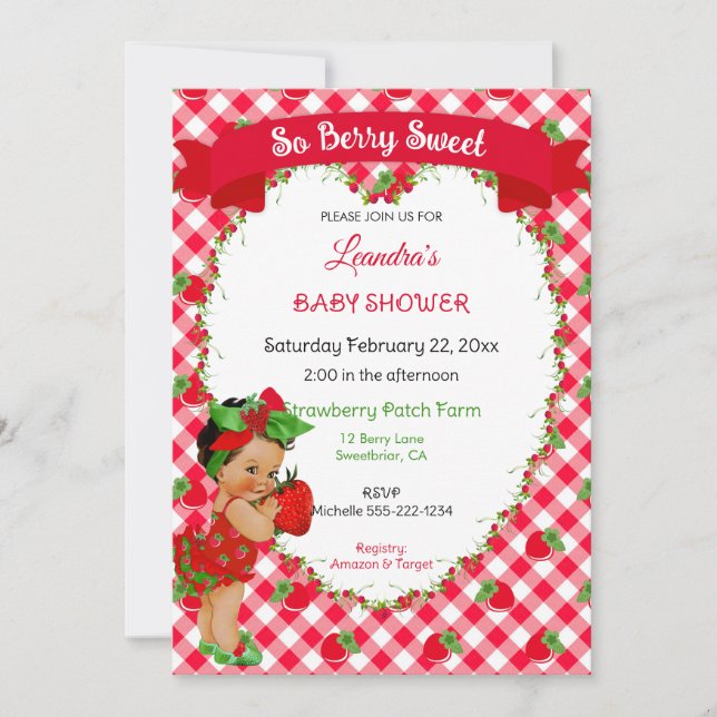 Invitation Thème Fraise Bébé Fille Gingham Rouge Vert  (Devant)