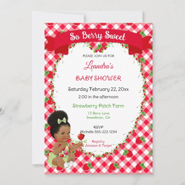 Invitation Thème Fraise Bébé Fille Gingham Rouge Vert  (Devant)