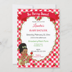 Invitation Thème Fraise Bébé Fille Gingham Rouge Vert 