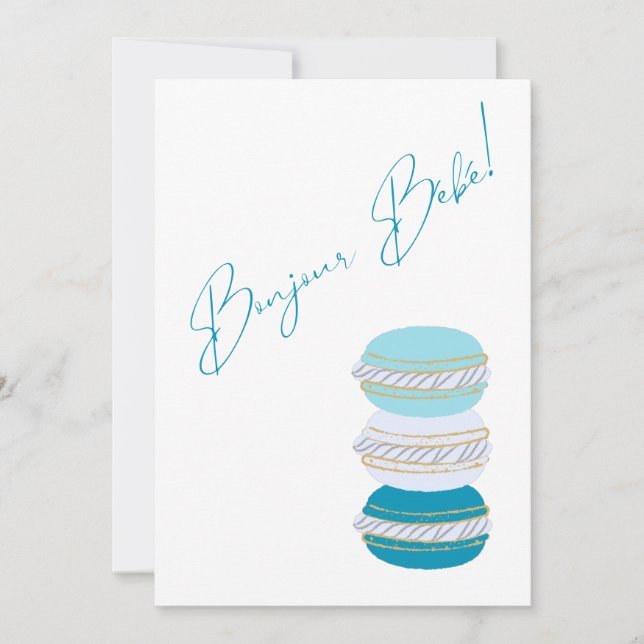Invitation Thème français Macarons Baby shower garçon bleu (Devant)