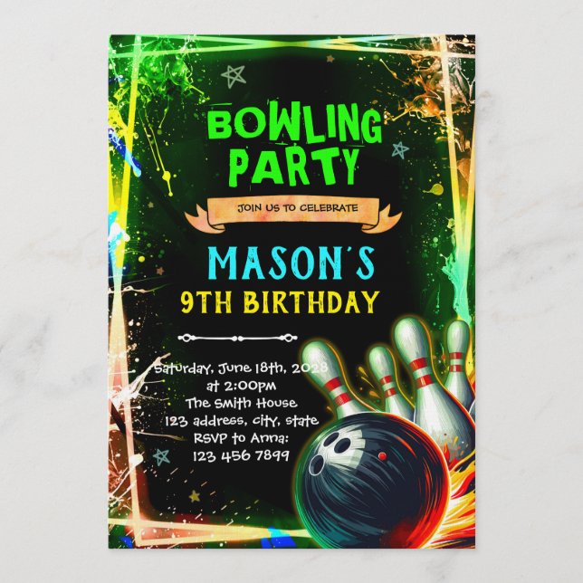 Invitation thème garçon bowling néon lumineux (Devant)