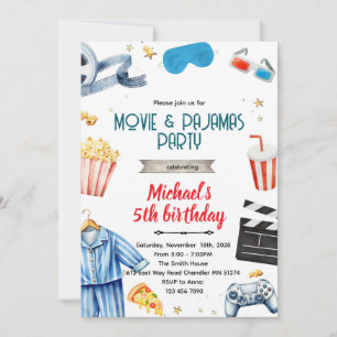 Invitation thème garçon cinéma et pyjama