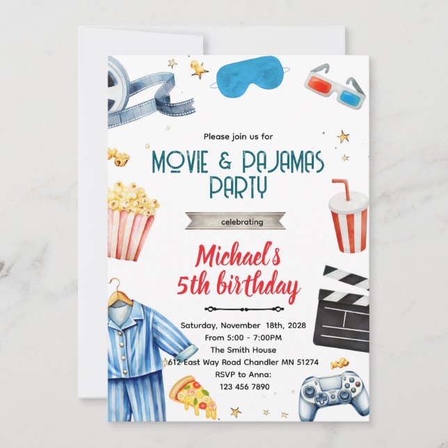 Invitation thème garçon cinéma et pyjama (Devant)