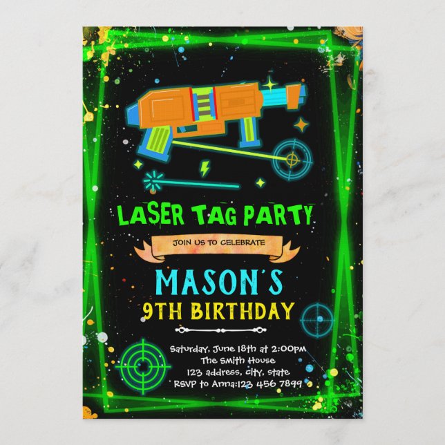 Invitation thème garçon Neon Laser Tag (Devant)
