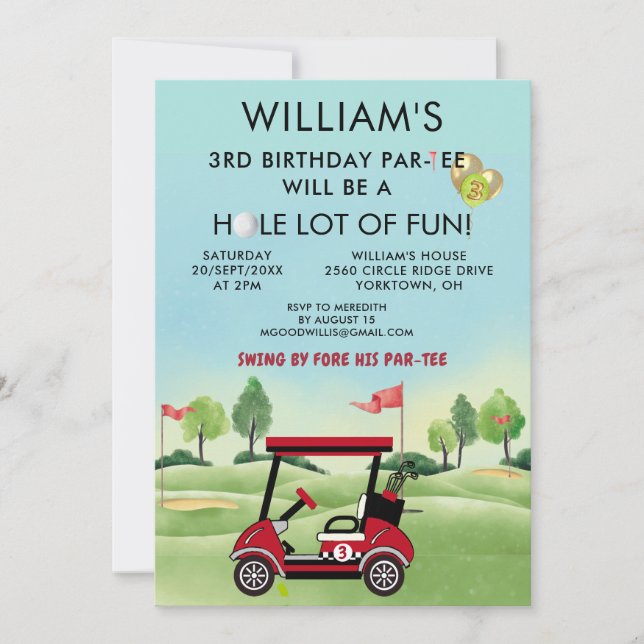 Invitation Thème golf garçon 3e anniversaire Par-Tee (Devant)