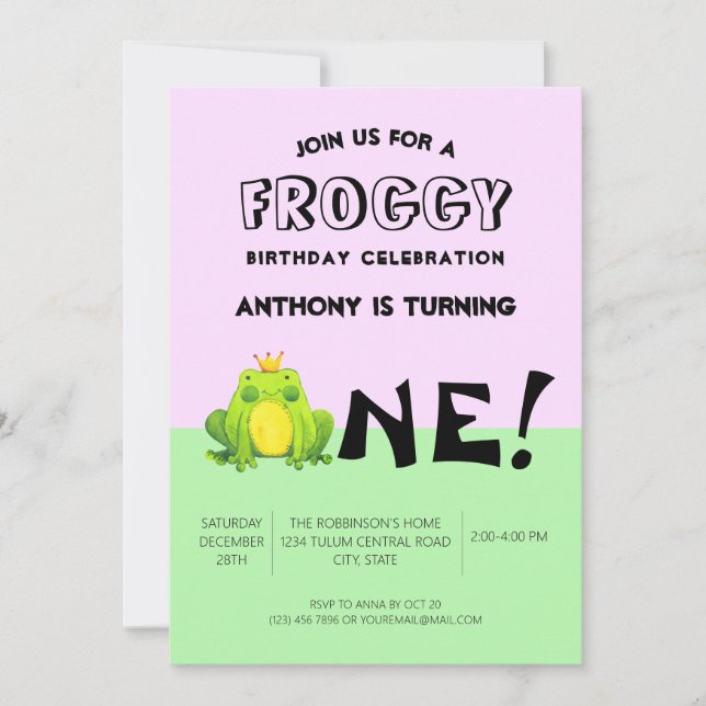 Invitation Thème grenouille pour fête d'anniversaire d'un an (Devant)