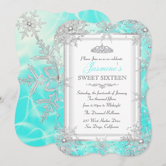Invitation Thème hivernal argent bleu sarcelle pour une fête  (Devant / Derrière)