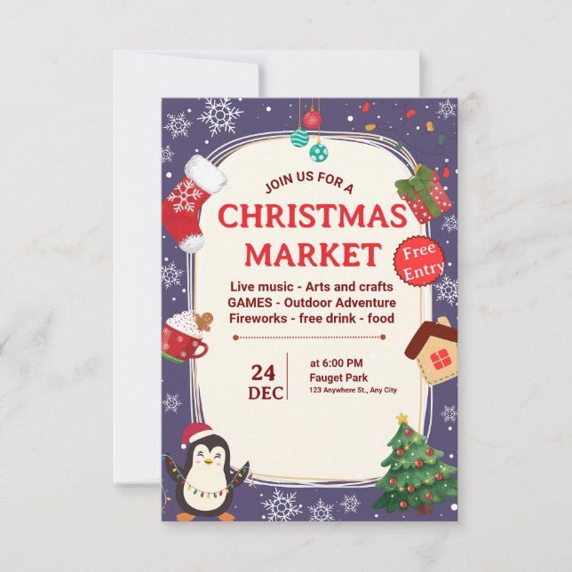 Invitation Thème illustré festif de marché de Noël mignon (Devant)