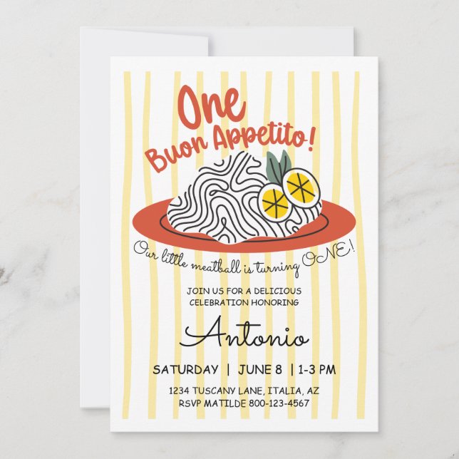 Invitation Thème Italien Pâtes Nourriture Ciao Un 1er Anniver (Devant)