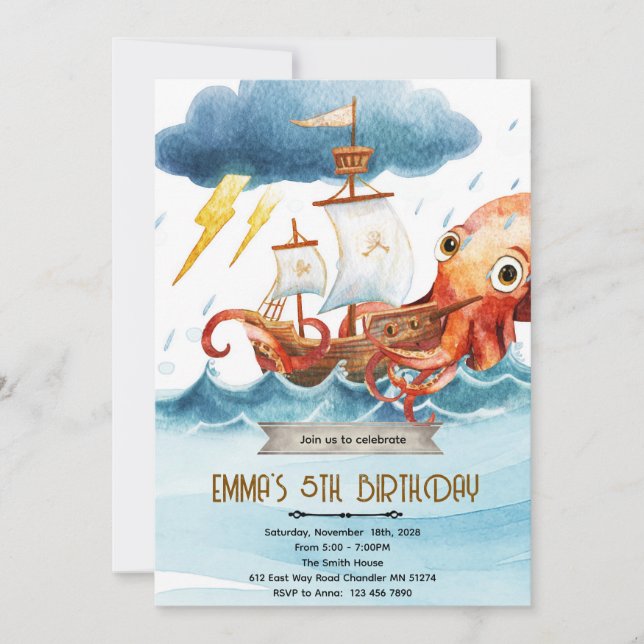 Invitation thème kraken pieuvre (Devant)