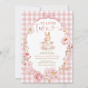 Invitation Thème Lapin Gingham et Tasse de Thé Anniversaire R
