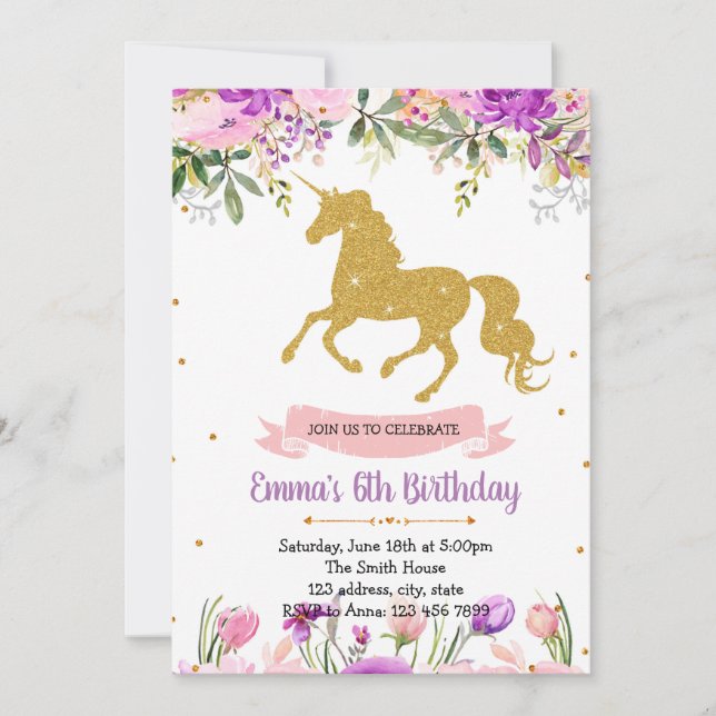 Invitation thème licorne fleurs violettes à une fê (Devant)