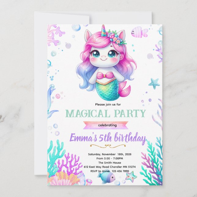 Invitation thème licorne sirène (Devant)