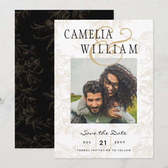 Invitation Thème Mariage Cravate noire Vintage Gold Damask (Devant / Derrière)