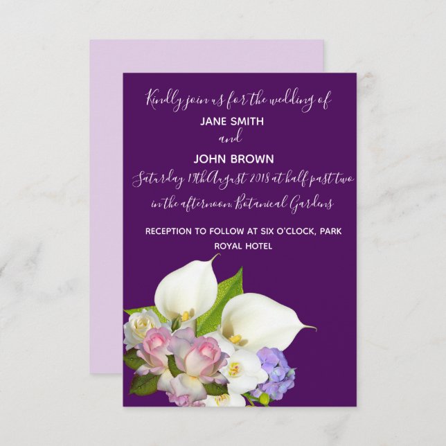 Invitation thème mariage pastel floral et violet (Devant / Derrière)
