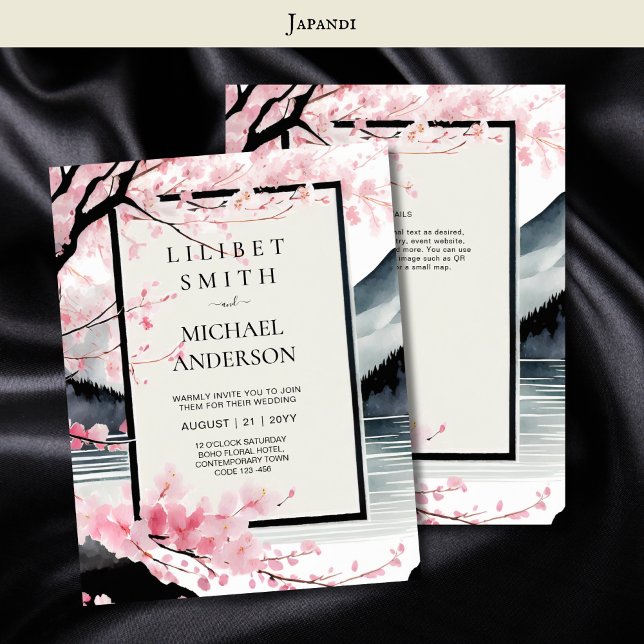 Invitation Thème Mariage scandinave japonais rose noir (Créateur téléchargé)