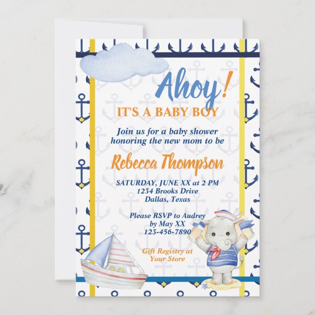 Invitation Thème marin mignon pour une baby shower garçon (Devant)
