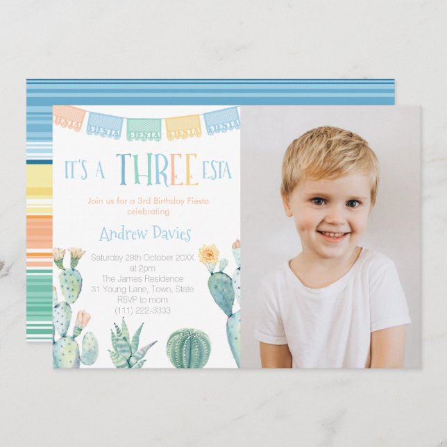 Invitation Thème mexicain 3ème anniversaire fête Trois esta P (Devant / Derrière)
