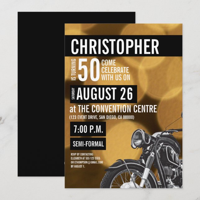 Invitation Thème moto moderne noir or pour 50e anniversaire (Devant / Derrière)
