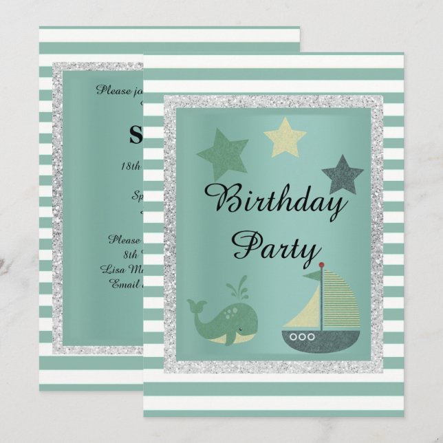 Invitation Thème nautique Sage Green fête d'anniversaire (Devant / Derrière)
