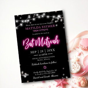 Invitation Thème néon rose chaud pour Bat Mitzvah