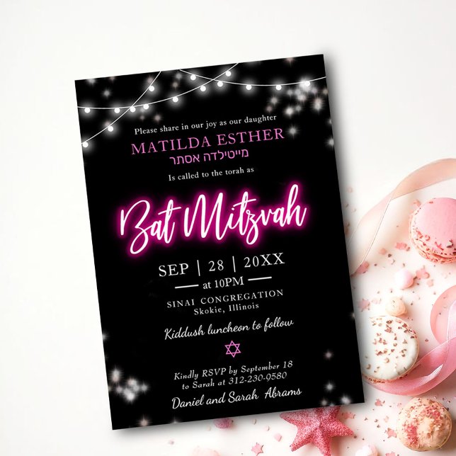 Invitation Thème néon rose chaud pour Bat Mitzvah (Créateur téléchargé)