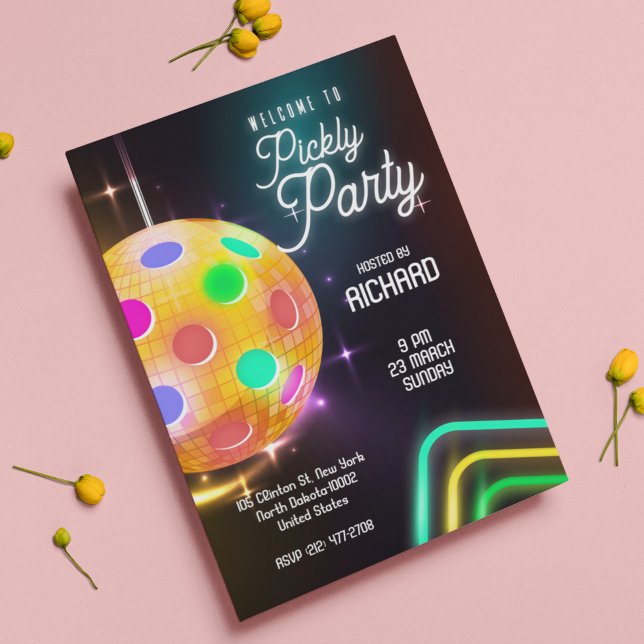 Invitation Thème néon sports pickleball soirée boule disco (Créateur téléchargé)