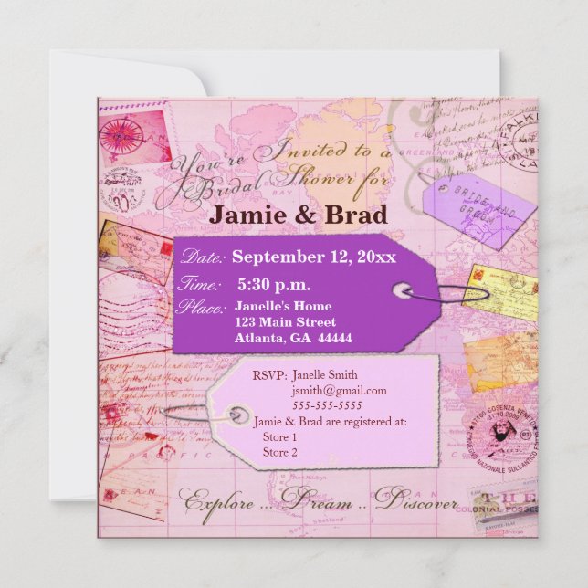 Invitation Thème nuptiale de douche de voyage dans le rose et (Devant)