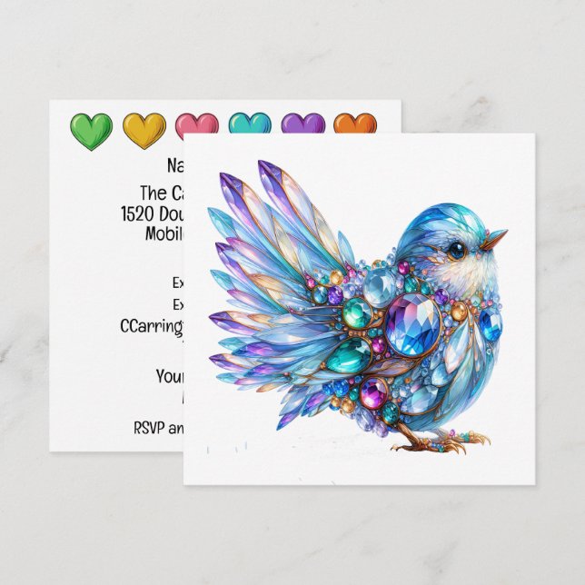 Invitation Thème Oiseaux Brillant Précieux (Devant / Derrière)