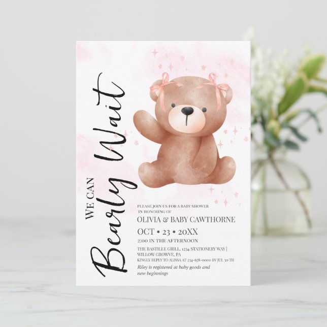 Invitation Thème Ourson Mignon Fête de Naissance Bébé Fille  (Debout devant)