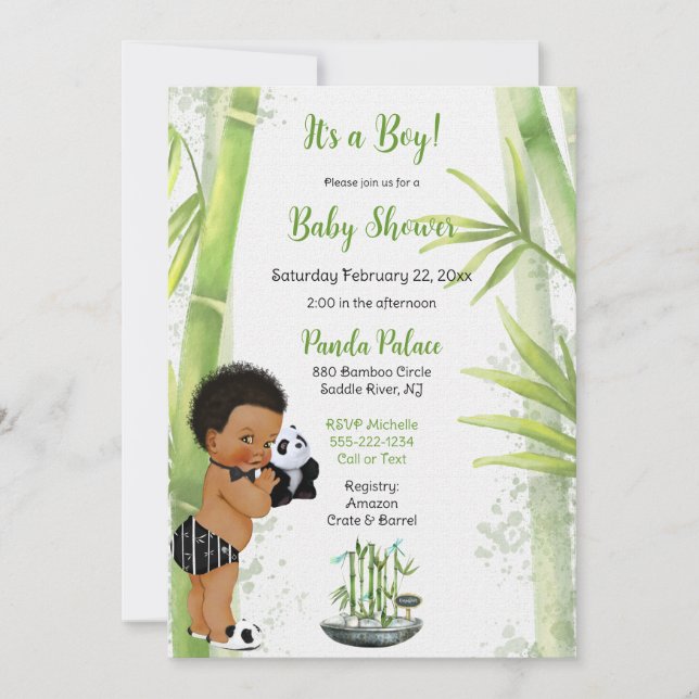 Invitation Thème Panda Bamboo Bébé Garçon Noir Blanc Vert (Devant)