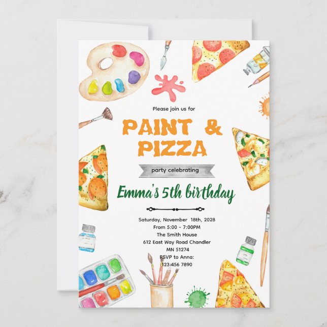 Invitation thème peinture et pizza (Devant)