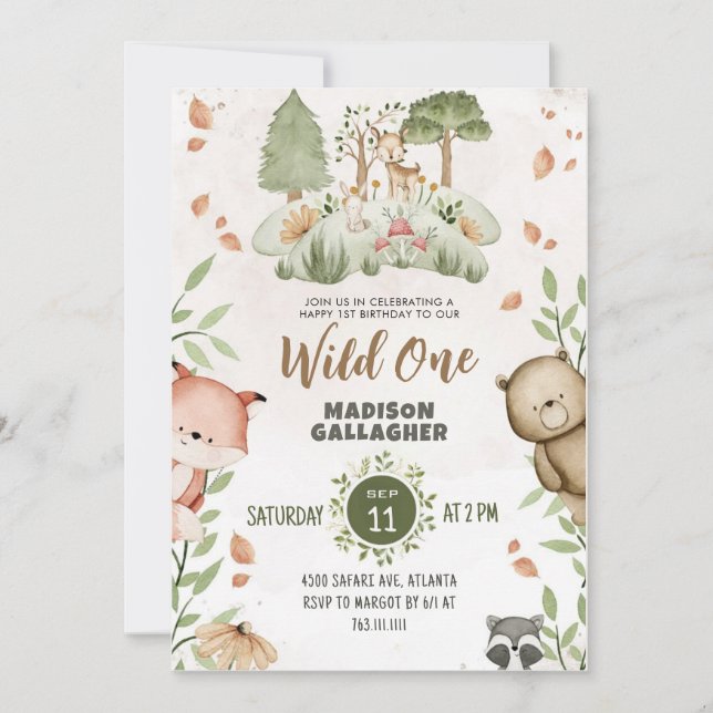 Invitation Thème Personnalisé Wild One Rose Green Animaux bla (Devant)