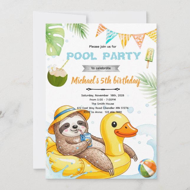 Invitation thème piscine avec un paresseux mignon (Devant)