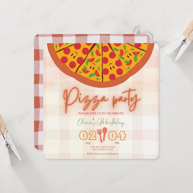 Invitation Thème pizza italienne chaque année anniversaire (Devant/Arrière en situation)