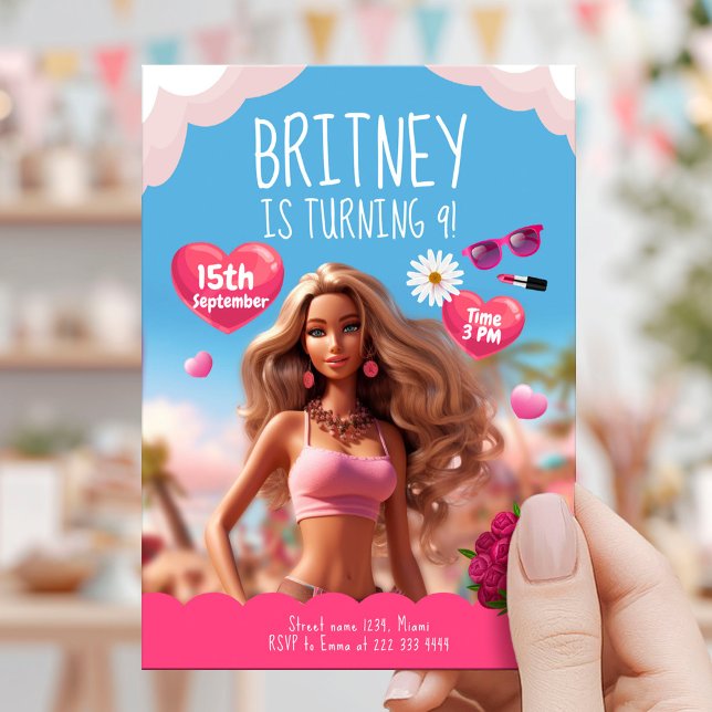 Invitation Thème poupée rose modifiable Anniversaire (Créateur téléchargé)