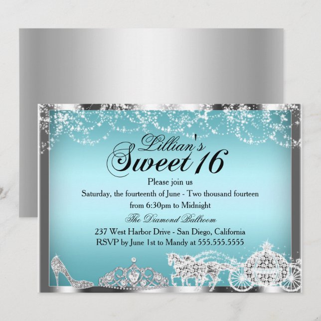 Invitation Thème Princesse Blue Sparkle pour Sweet (Devant / Derrière)