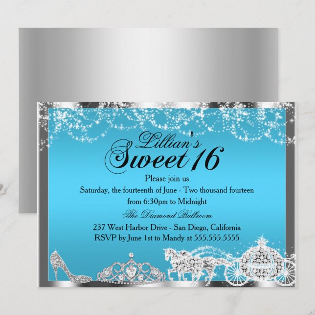 Invitation thème Princesse Blue Sparkle pour Sweet (Devant / Derrière)