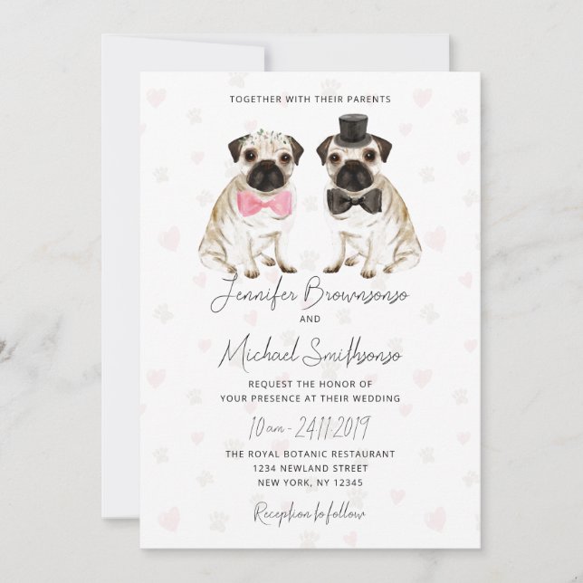 Invitation Thème pug patte cœur chien mariage (Devant)
