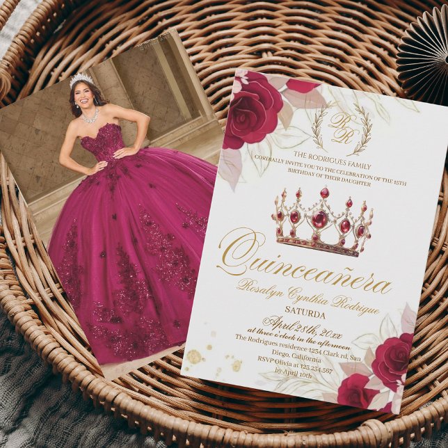 Invitation Thème Quinceanera Rouge Tiara Floral Photo Anniver (Créateur téléchargé)