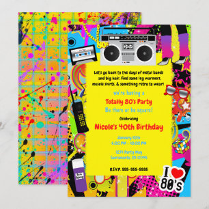 Invitation Thème Rétro Jaune Années 80 Fête d'Anniversaire Ev