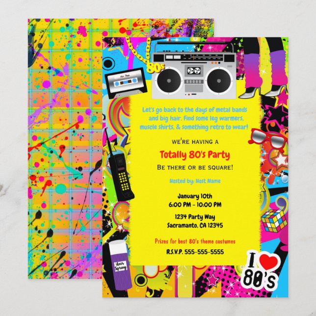 Invitation Thème Rétro Jaune Années 80 Fête d'Anniversaire Ev (Devant / Derrière)