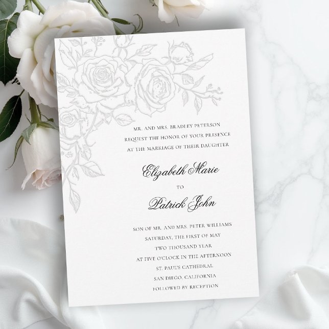 Invitation Thème Rose Aimé Blanc Mariage Formel Classique (formal traditional wedding invitation roses theme floral modern classic luxury pure white)